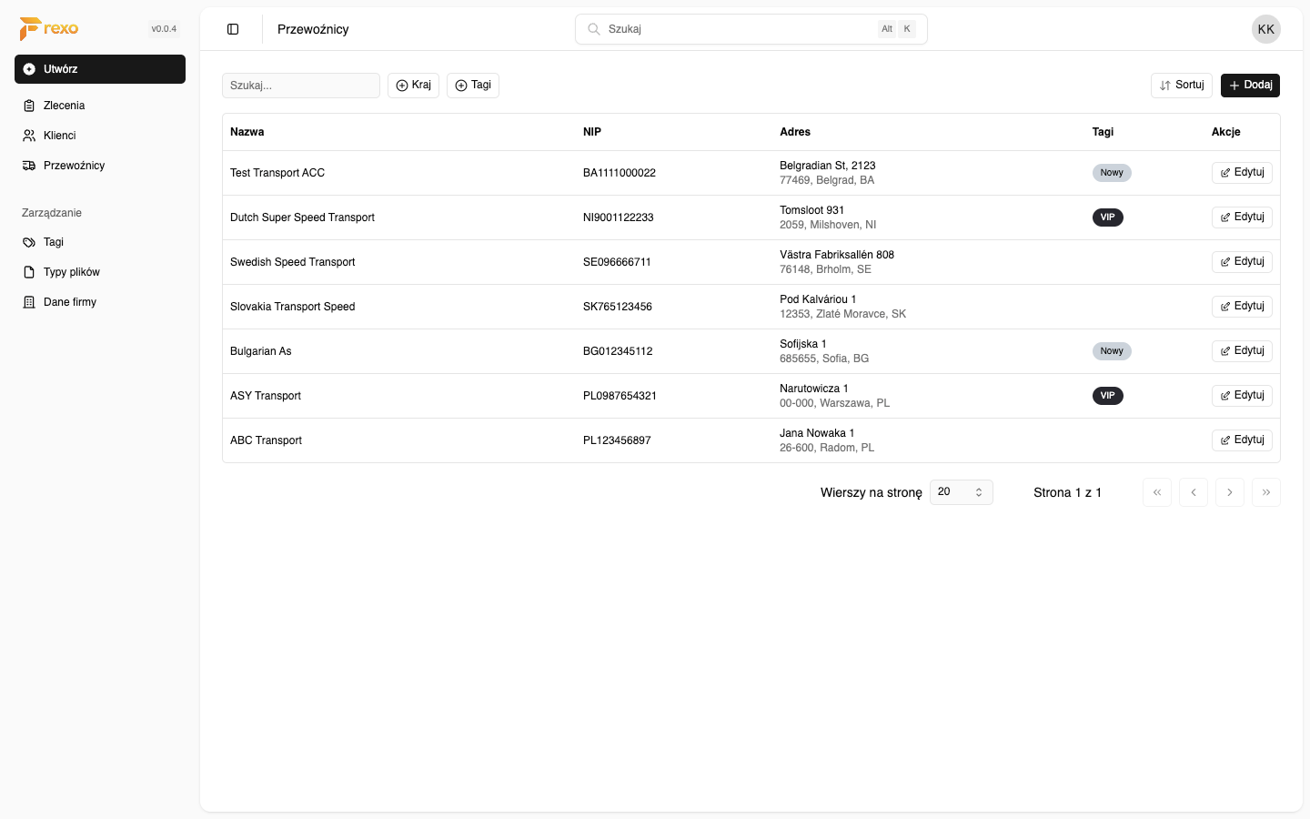 Frexo — widok modułu Przewoźnicy