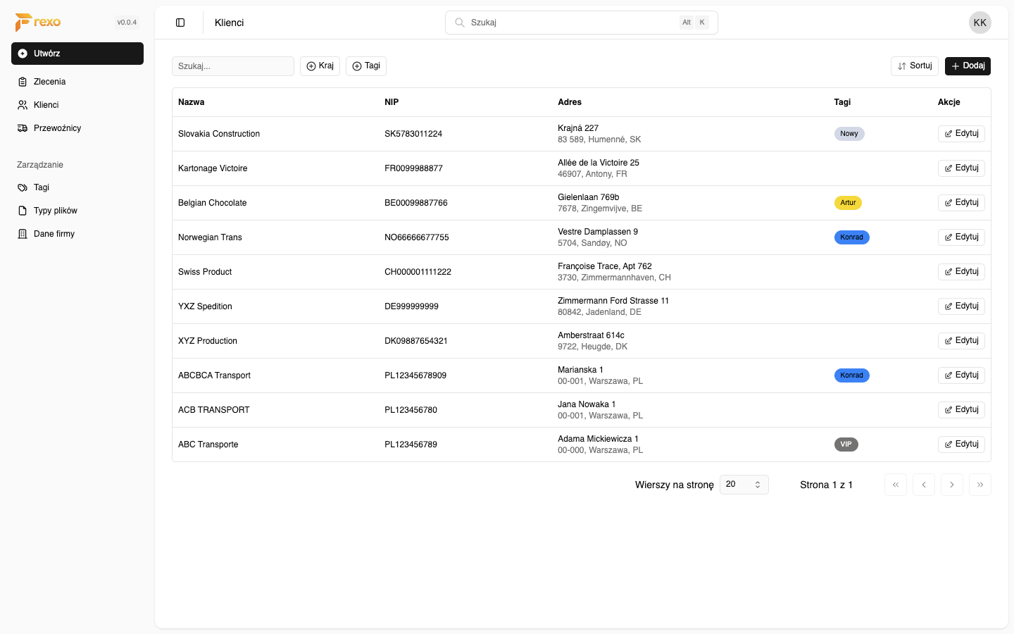Frexo — widok modułu Klienci