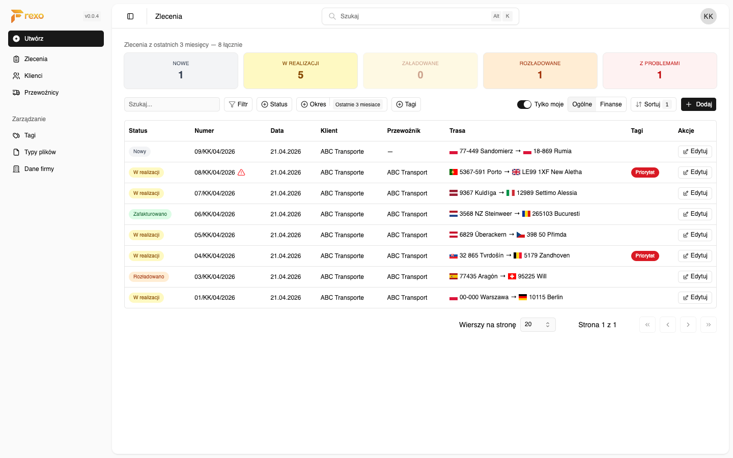 Frexo — widok modułu Zlecenia