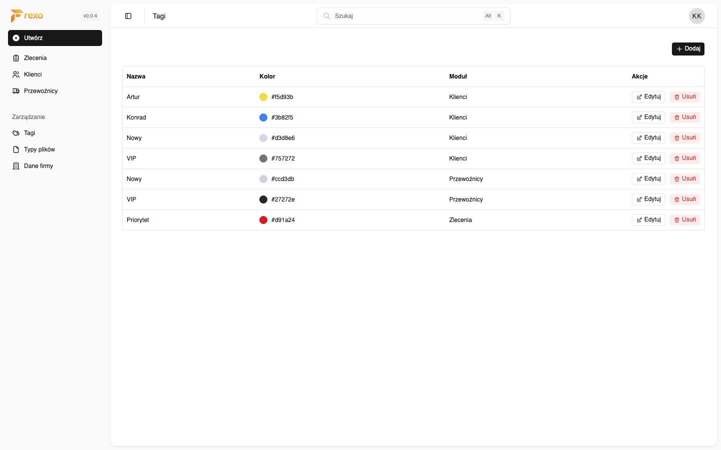 Frexo — widok modułu Tagi